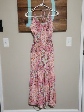 Angie Pink Floral Haltered Empire Bust  Tiered Feminine Maxi Dress Size Small